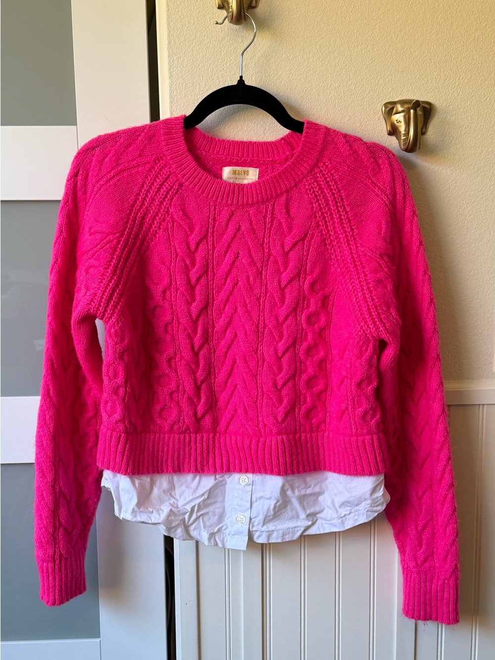 Anthropologie Maeve Hot Pink Cable-Knit Crewneck Sweater small